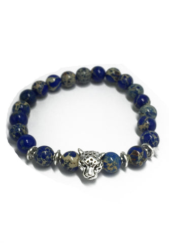 Masonry Series Mixed Colour Natural Stone Beads Silver Leopard Head Bracelet