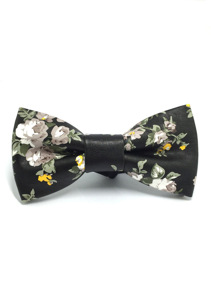 Fluky Series Black Green & Green Floral Design PU Leather Bow Tie
