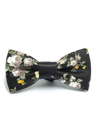 Fluky Series Black Green &amp; Green Floral Design PU Leather Bow Tie