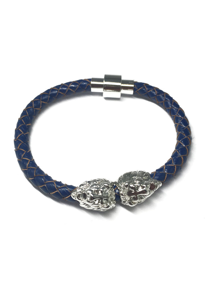 Duple Series Blue Real Leather Strap with Double Silver Lion Head Bracelet