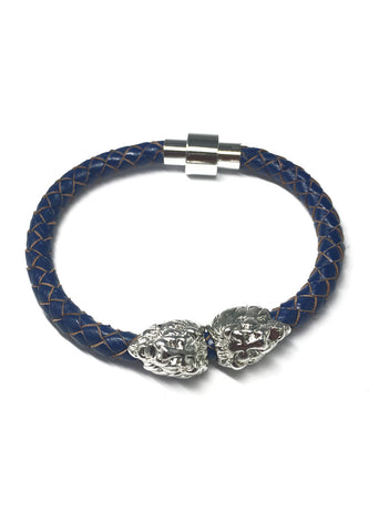 Duple Series Blue Real Leather Strap with Double Silver Lion Head Bracelet