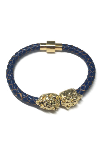 Duple Series Blue Real Leather Strap with Double Gold Lion Head Bracelet