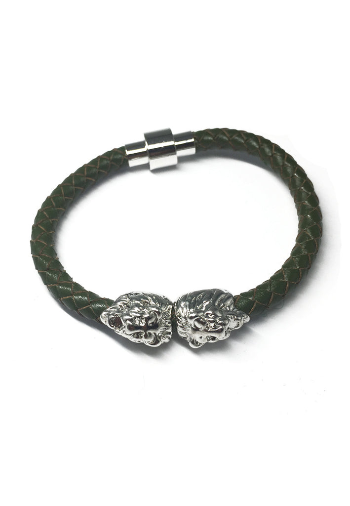 Duple Series Green Real Leather Strap with Double Silver Lion Head Bracelet