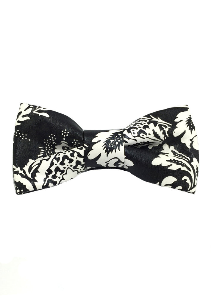 Fluky Series Black &amp; White Floral Design PU Leather Bow Tie