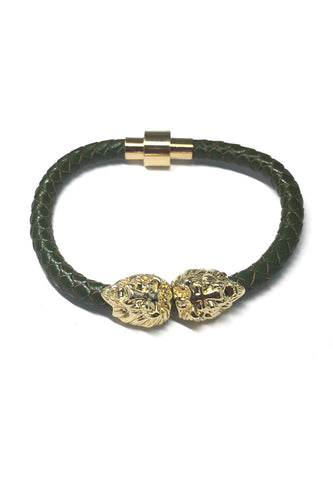 Duple Series Green Real Leather Strap With Double Gold Lion Head Bracelet