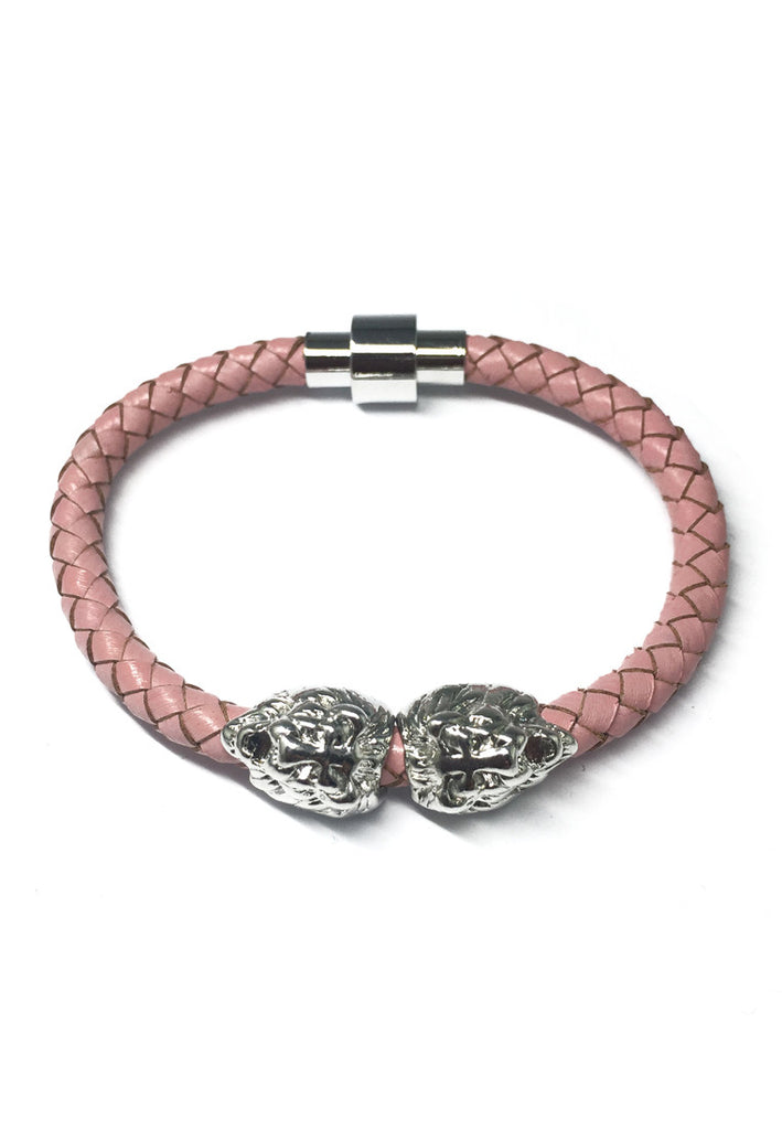 Duple Series Pink Real Leather Strap with Double Silver Lion Head Bracelet