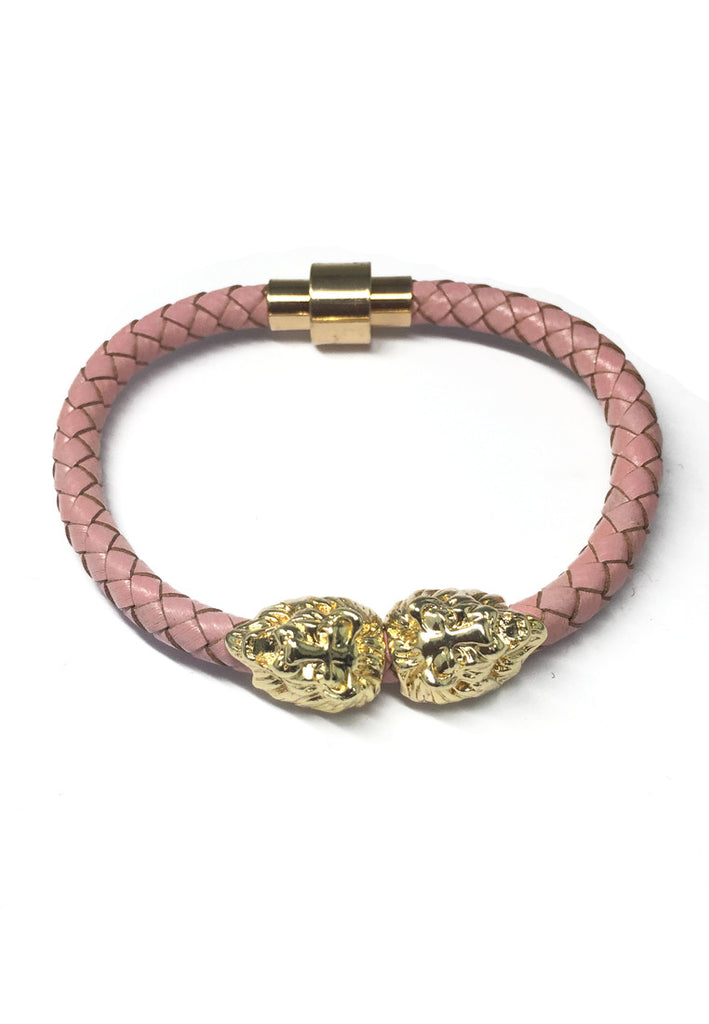 Duple Series Pink Real Leather Strap with Double Gold Lion Head Bracelet