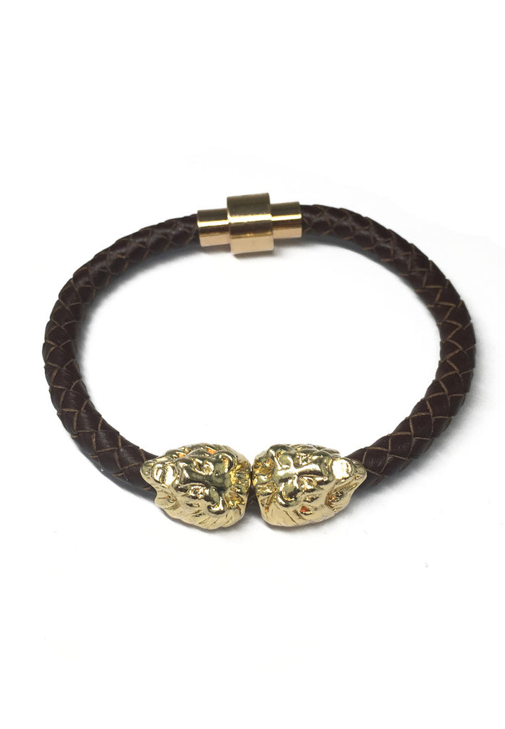 Duple系列棕色真皮表带配双金狮头手链