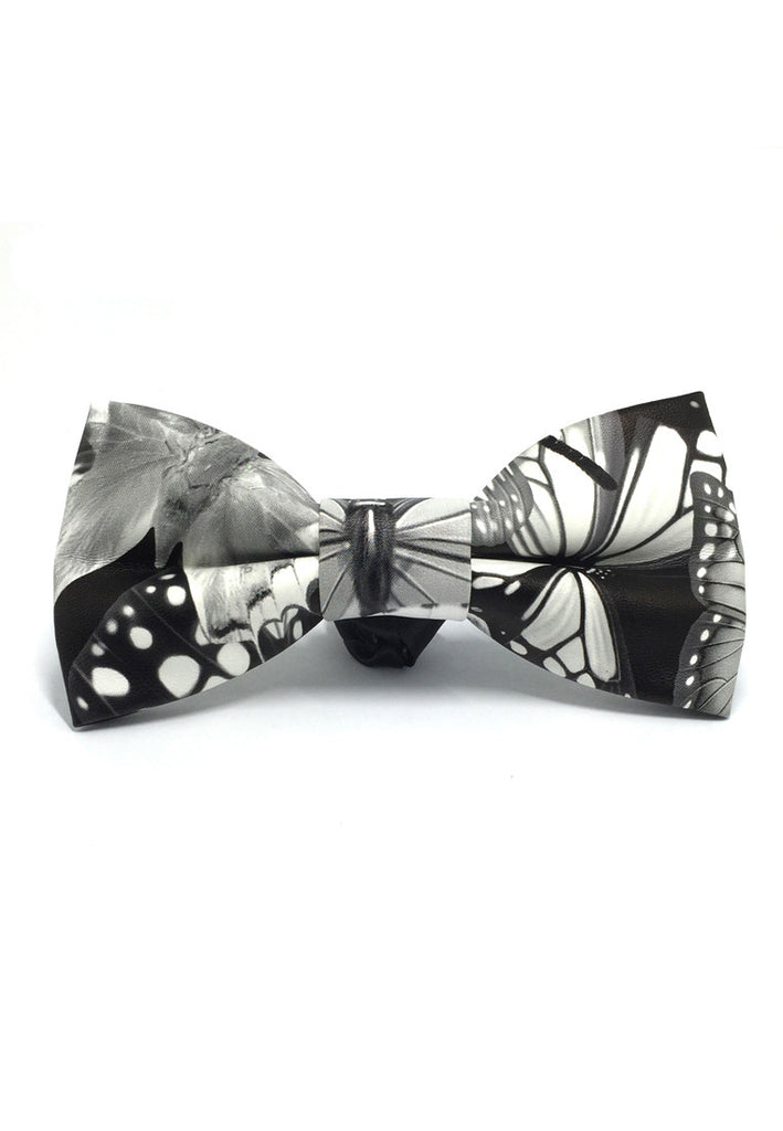 Fluky Series Black & White Butterfly Design PU Leather Bow Tie