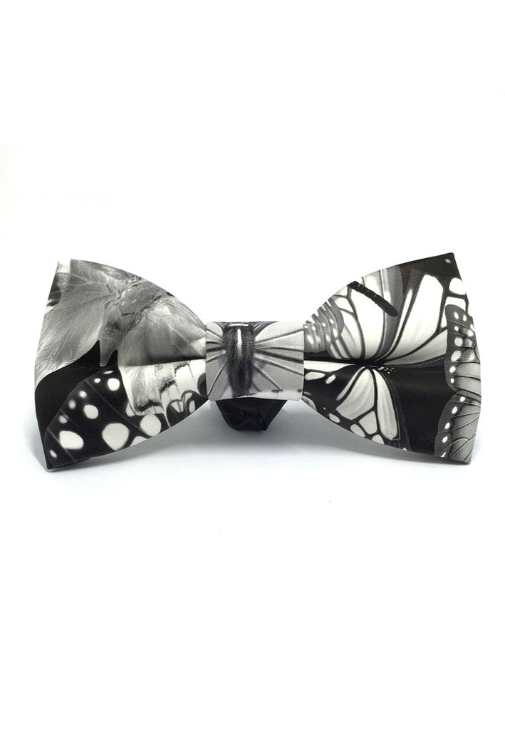 Siri Fluky Hitam &amp; Putih Butterfly Design PU Leather Bow Tie