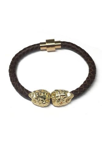 Duple Series Brown Real Leather Strap with Double Gold Lion Head Bracelet