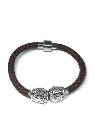 Duple Series Brown Real Leather Strap with Double Silver Lion Head Bracelet
