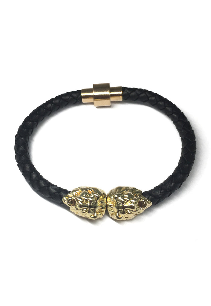 Duple Series Black Real Leather Strap with Double Gold Lion Head Bracelet