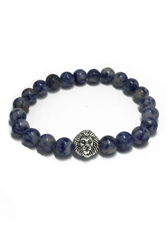 砖石系列蓝色天然石珠银狮头手链