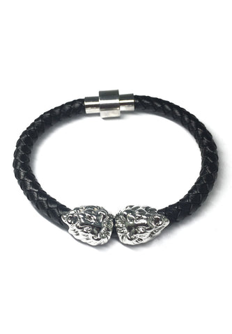 Duple Series Black Real Leather Strap with Double Silver Lion Head Bracelet