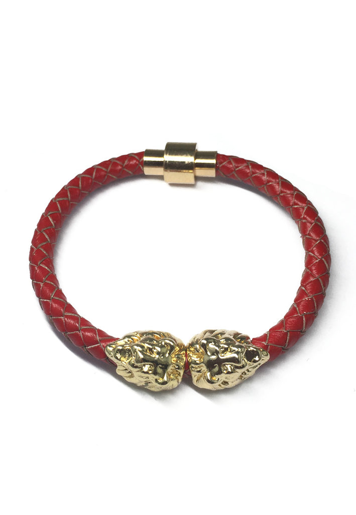 Duple系列红色真皮表带配双金狮头手链