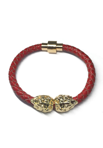 Tali Kulit Sebenar Merah Siri Duple dengan Gelang Kepala Singa Emas Ganda