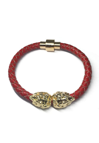 Duple Series Red Real Leather Strap with Double Gold Lion Head Bracelet