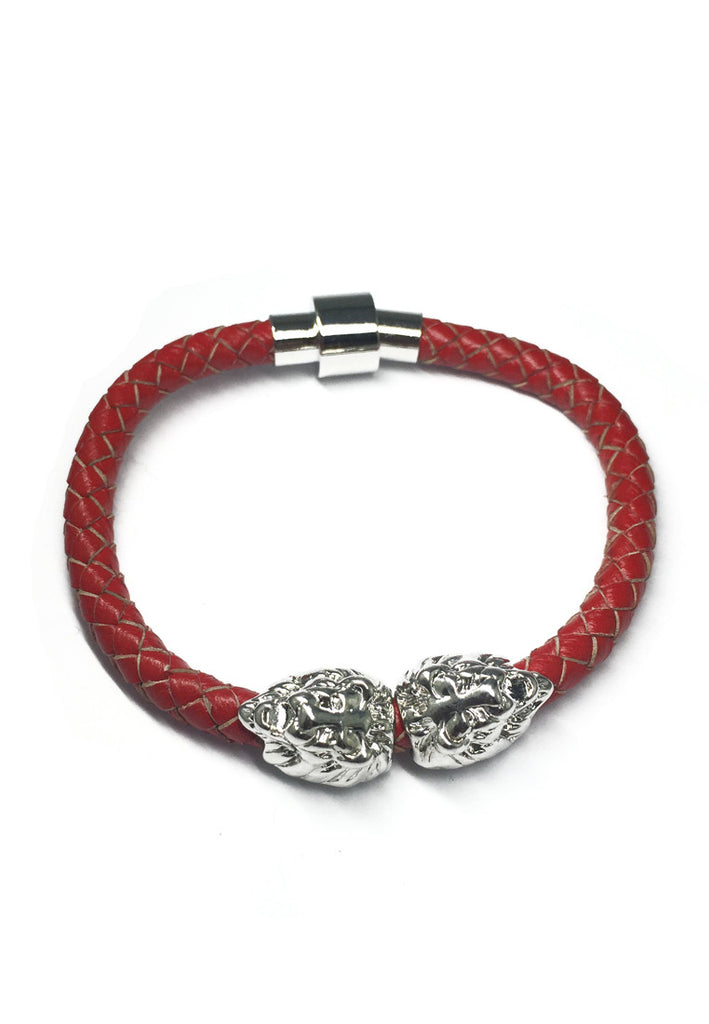 Duple系列红色真皮表带配双银狮头手链