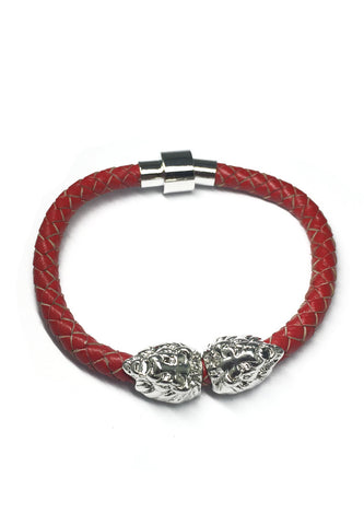 Duple Series Red Real Leather Strap with Double Silver Lion Head Bracelet