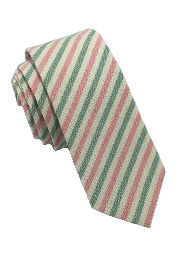 Passe系列浅粉色绿白细条纹棉质领带