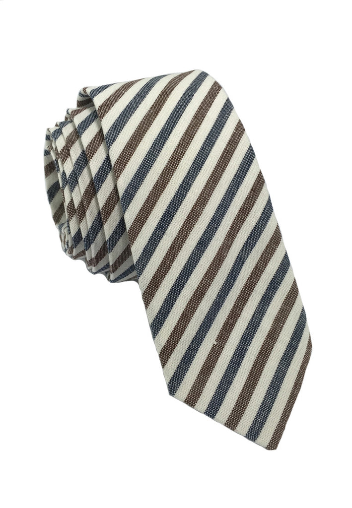 Passe Series Blue Brown & White Thin Stripes Cotton Tie