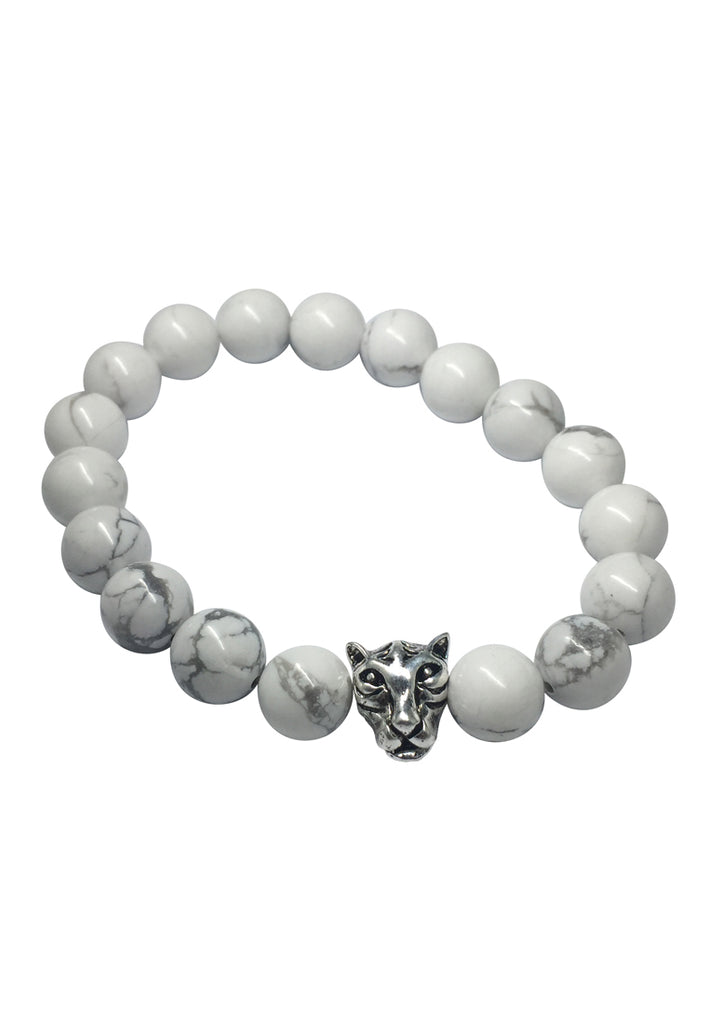 Masonry Series White Natural Stone Beads Silver Leopard Head Bracelet