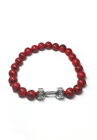 Masonry Series Red Natural Stone Beads Silver Dumbbell Bracelet