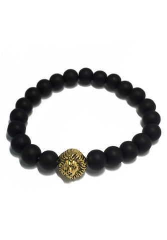 Masonry Series Matt Black Natural Stone Beads Gold Lion Head Bracelet