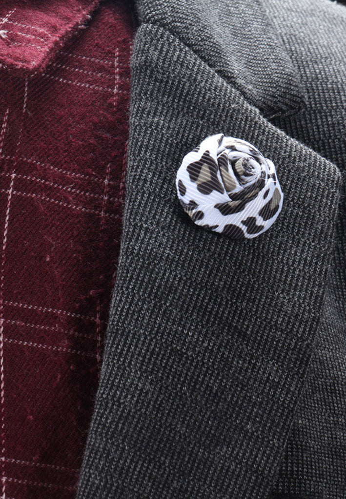 Blue, White & Brown Checked Design Fabric Rose Groom Lapel Pin