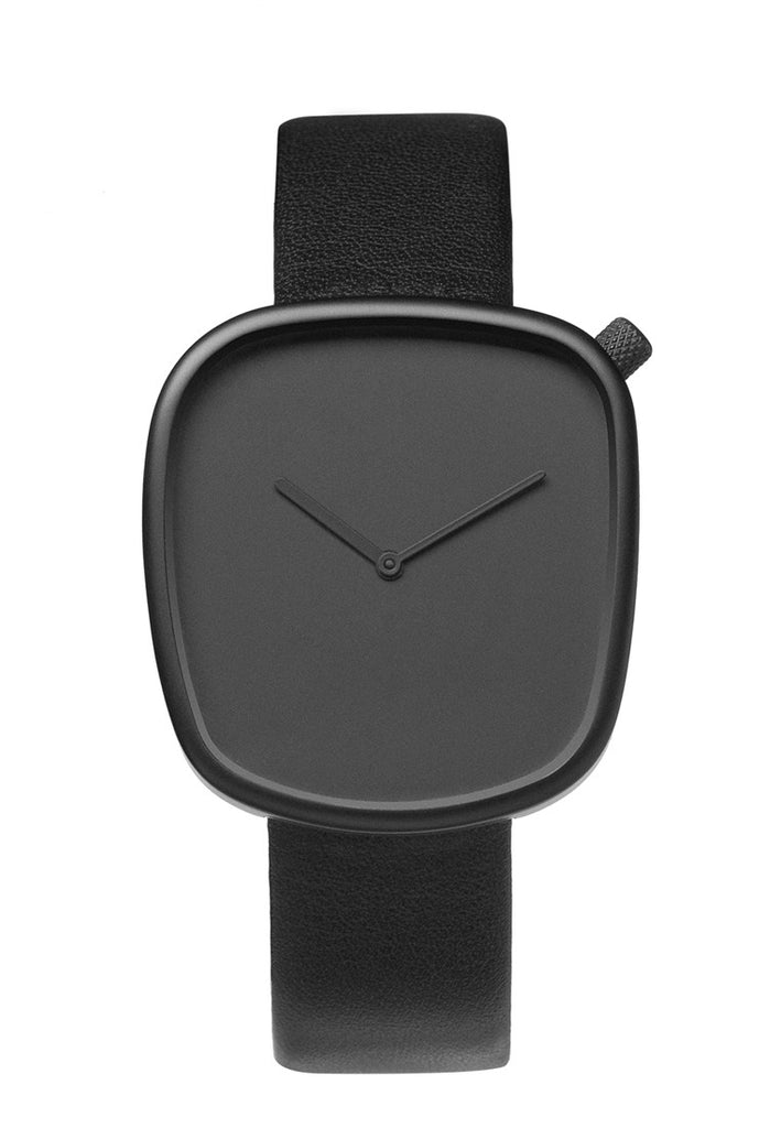 Bulbul Pebble Black Steel pada Jam Tangan Kulit Itali Hitam